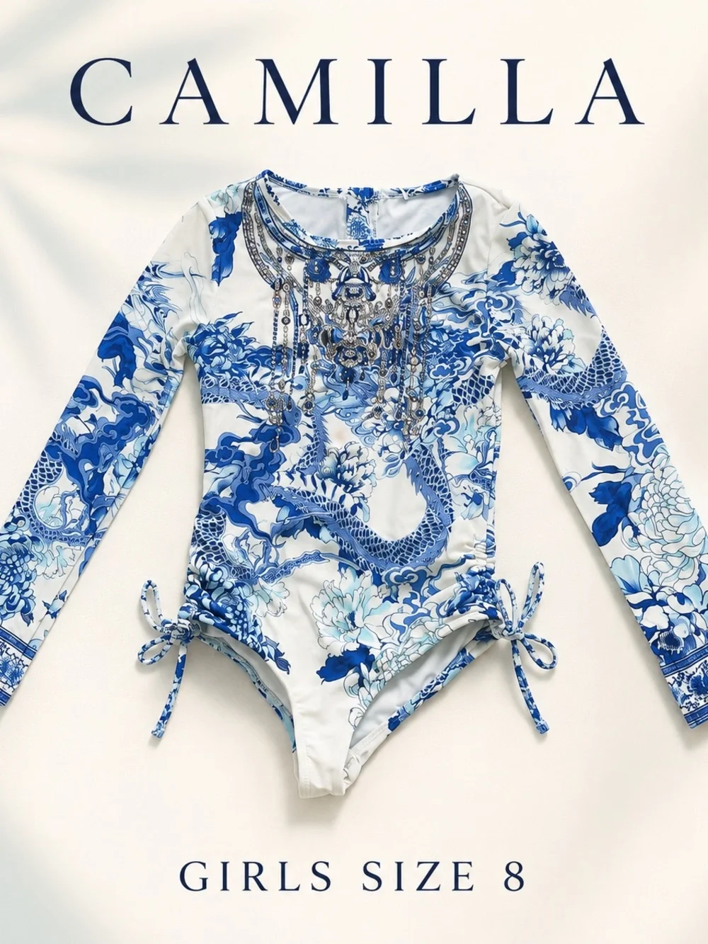Camilla Girls Blue & White Long-Sleeve One-Piece Swimsuit with Side Ties